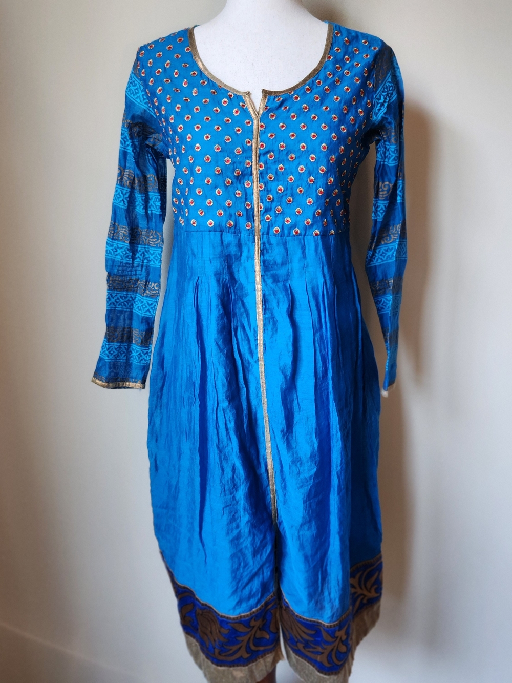 Haute Curry Blue Embroidered Pleated Long Ethnic Kurta Dress Med 96cm